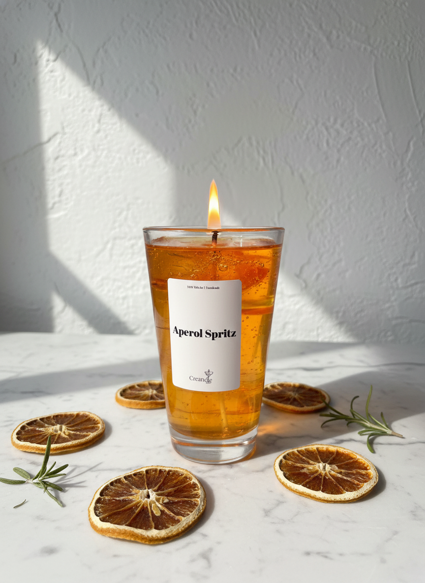Aperol Kerze brennend mit getrockneten Orangen