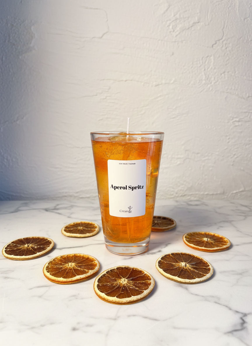 Aperol Kerze mit getrockneten Orangen - Frontalansicht