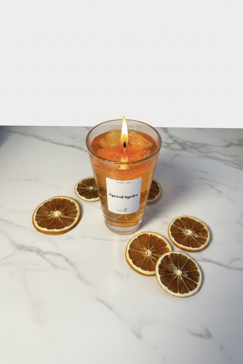Aperol Spritz Kerze mit hellem Hintergrund