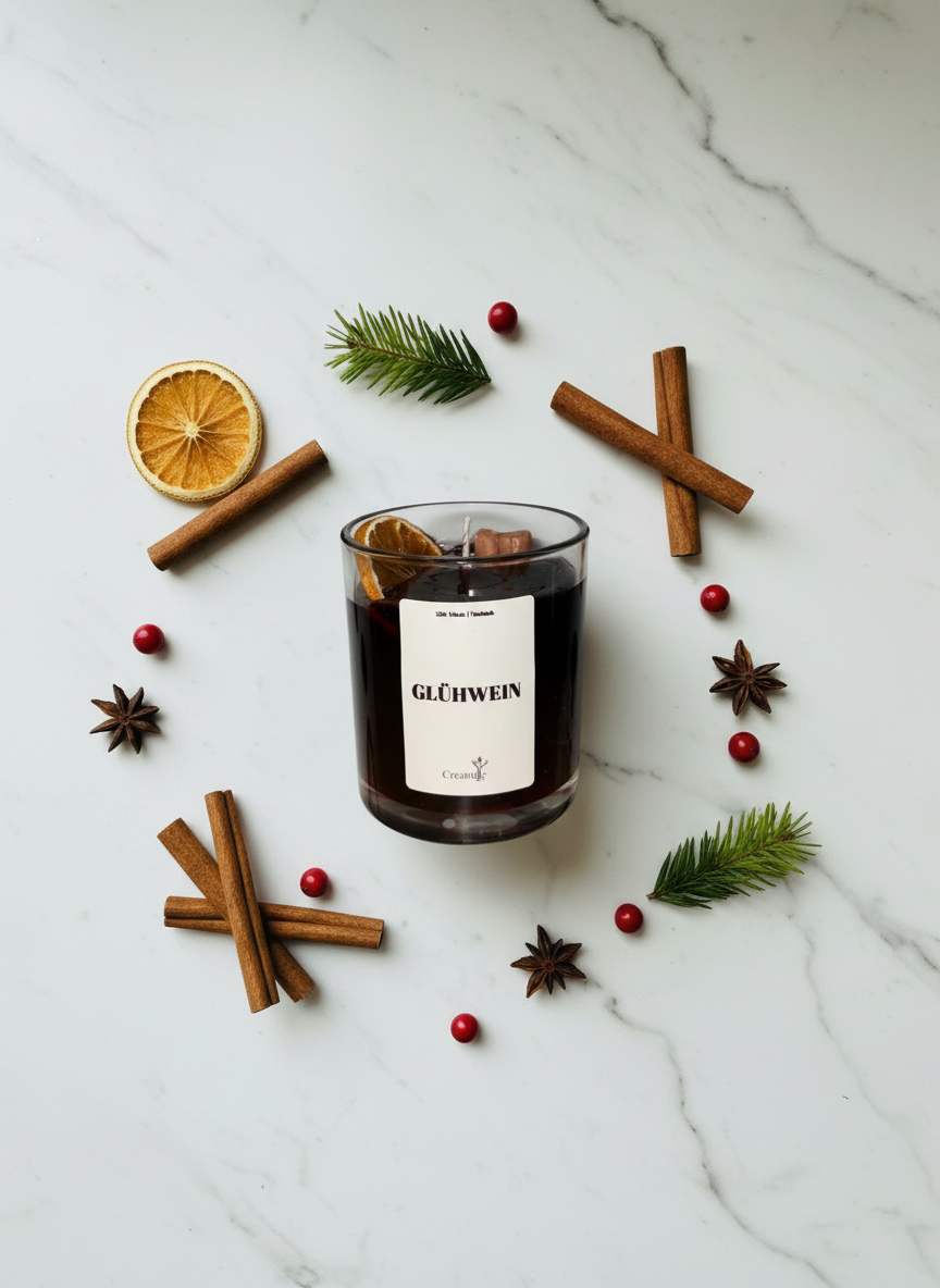 Glühwein Kerze Flat Lay mit Deko