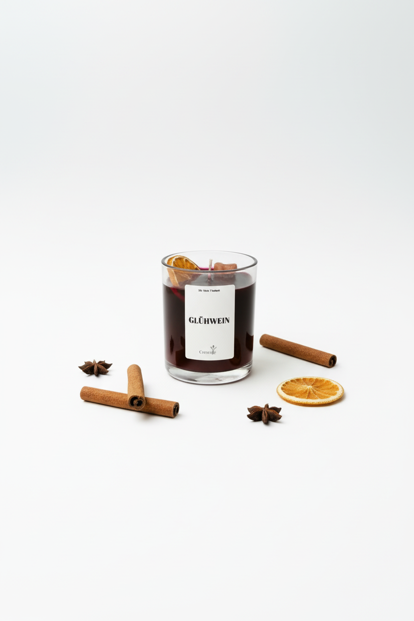 Glühwein Kerze mit Label und Zimtstange