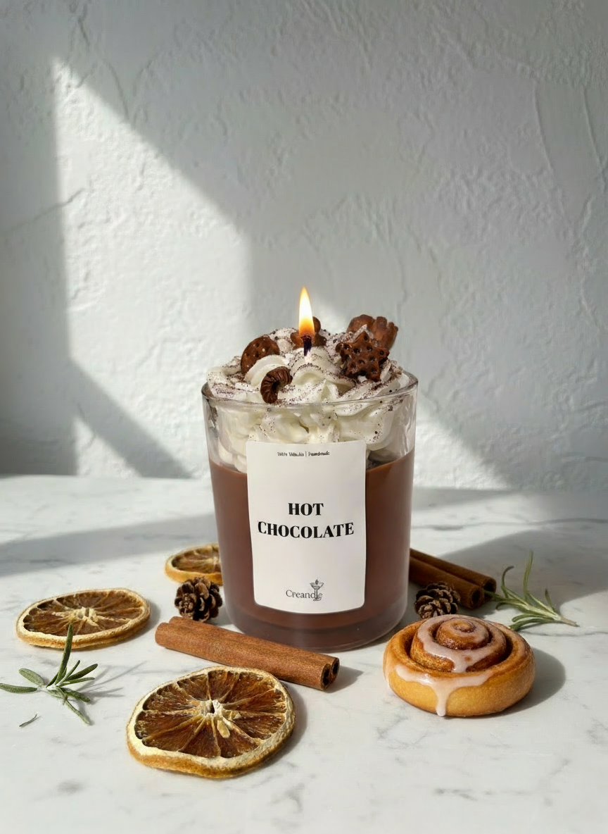 Hot Chocolate Kerze schräg vorne mit originalem Etikett