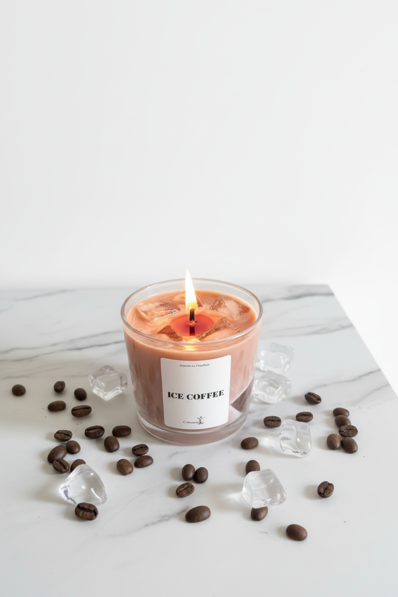 Ice Coffee Kerze brennend mit hellem Hintergrund