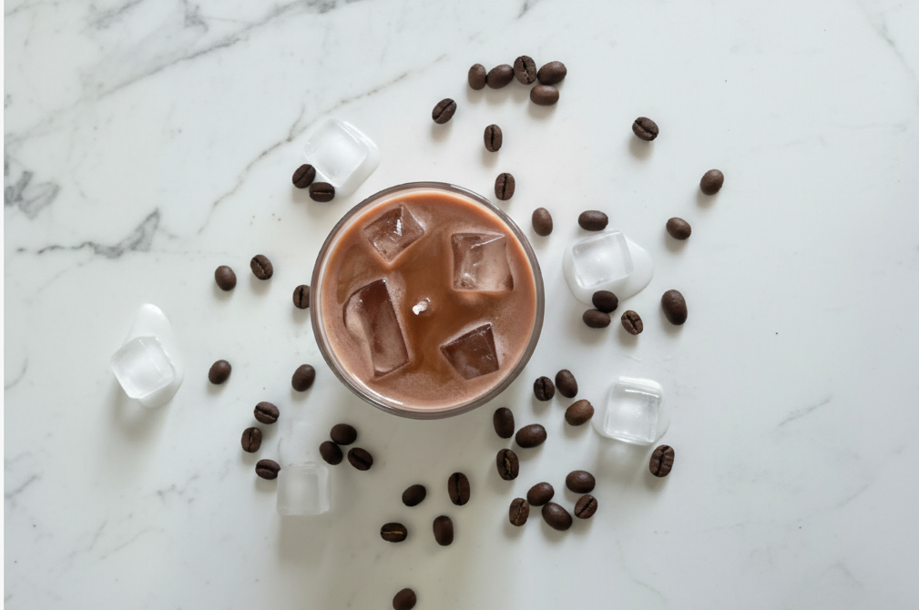 Ice Coffee von oben mit hellem Hintergrund